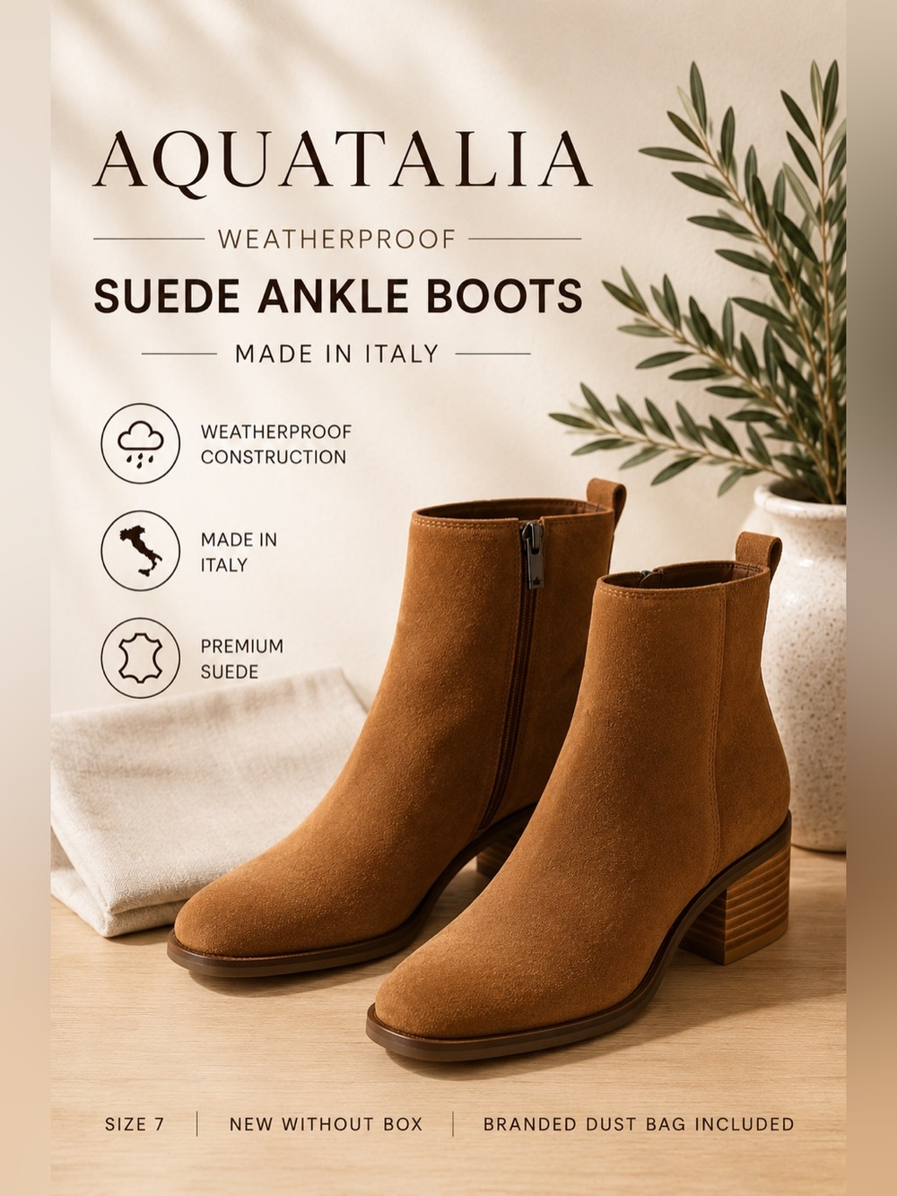 Aquatalia Weatherproof Suede Ankle Boots Brown Size 7 Made in Italy